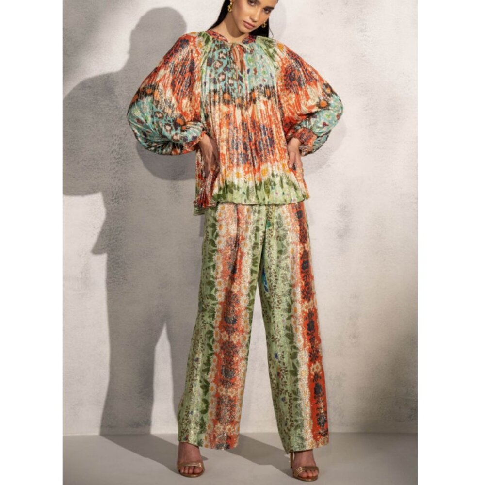 Ranna Gill Women's Orange & Green Shimmer Alani Top & Bottom Set Size Small - Picture 2 of 6